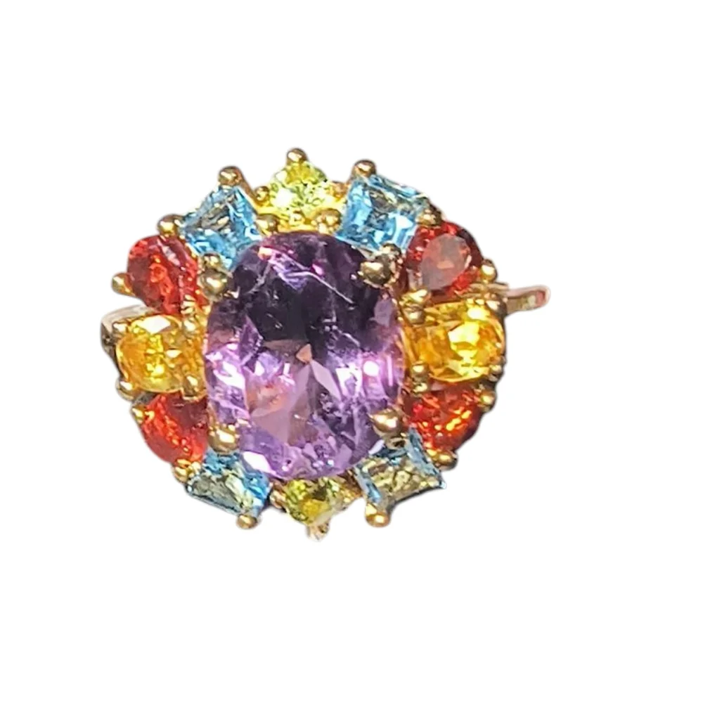 Multi Gemstone 18K Gold Over Sterling Silver Halo Ring